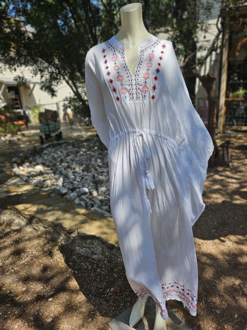 New W Tag Guadalupe Design White Embroidered Maxi Dress Tassel Waist Tie M/L